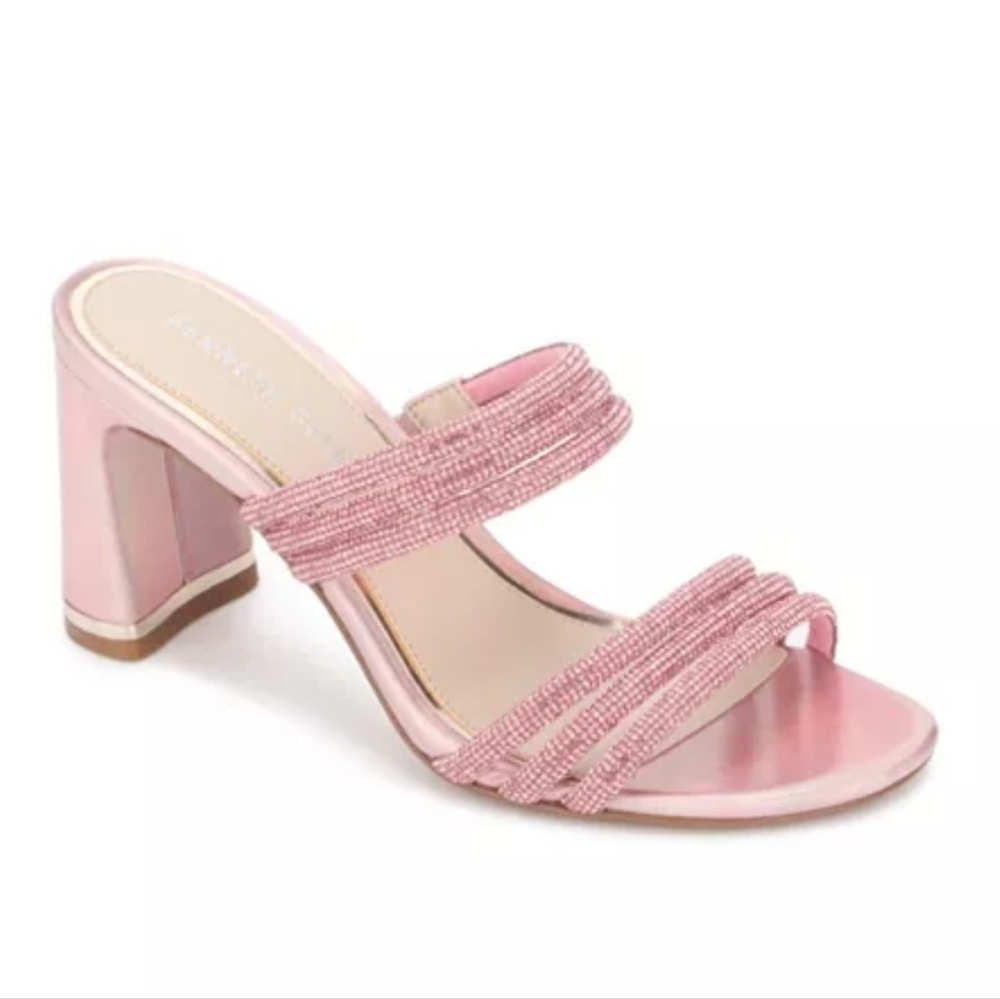 Kenneth Cole Women's Amelia Flare Jewel Pink Rhinestone Block Heels Sz 6